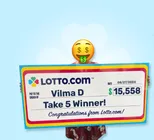 Winner Vilma D. holds a check for $15,558 in her hands