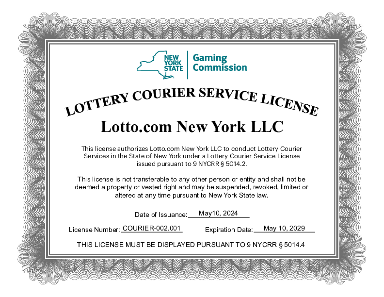 Lotto.com New York Courier Service Certificate 5.10.2024 - 5.10.2029